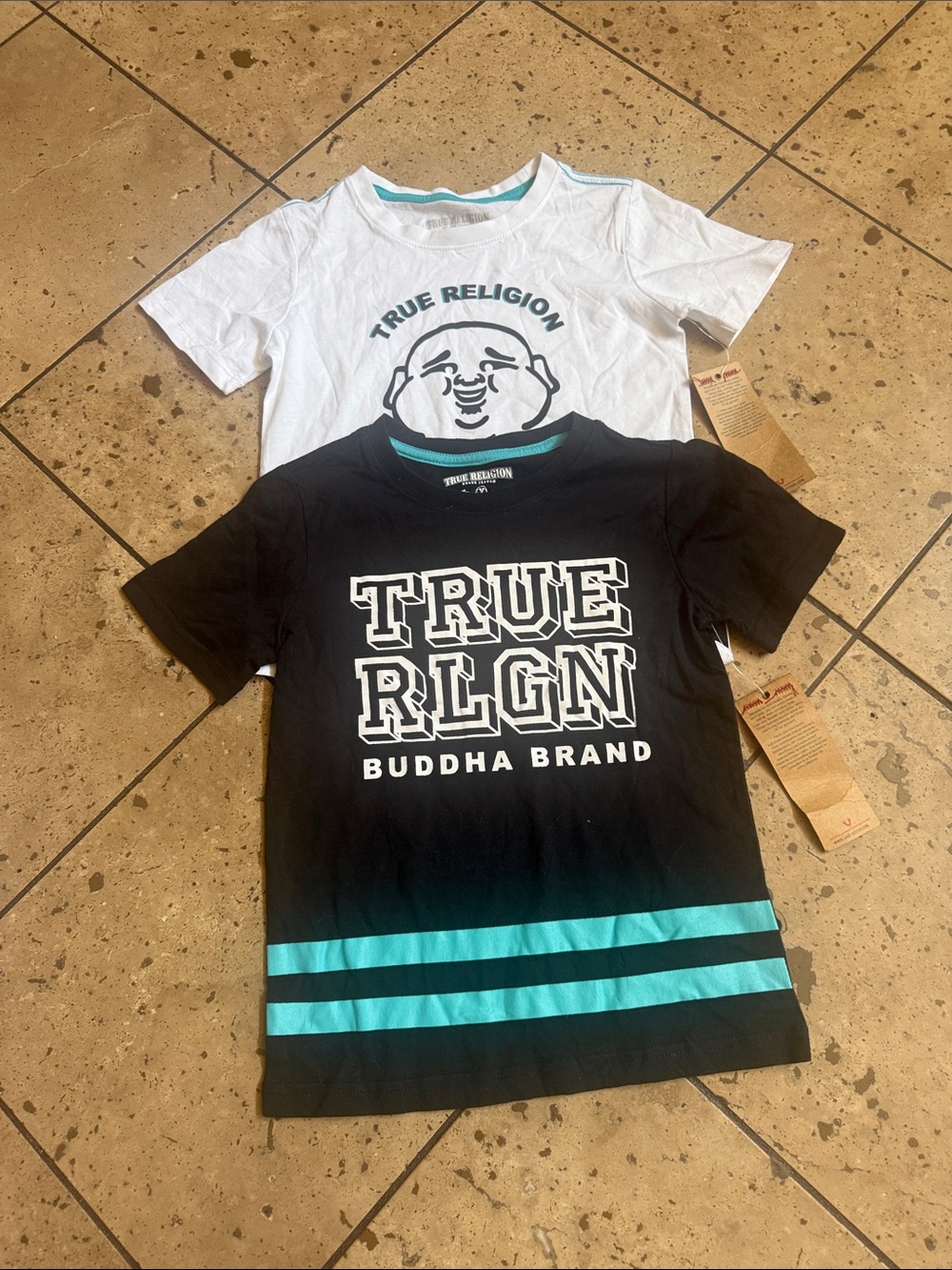 💜True Religion White Tee with Teal & Black Stripes